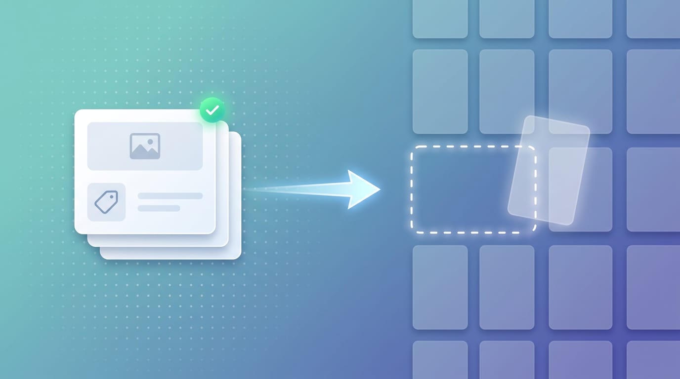 A correctly tagged stack of duplicate pages pointing its canonical arrow at an empty dashed slot in the search index, with the target page floating outside it