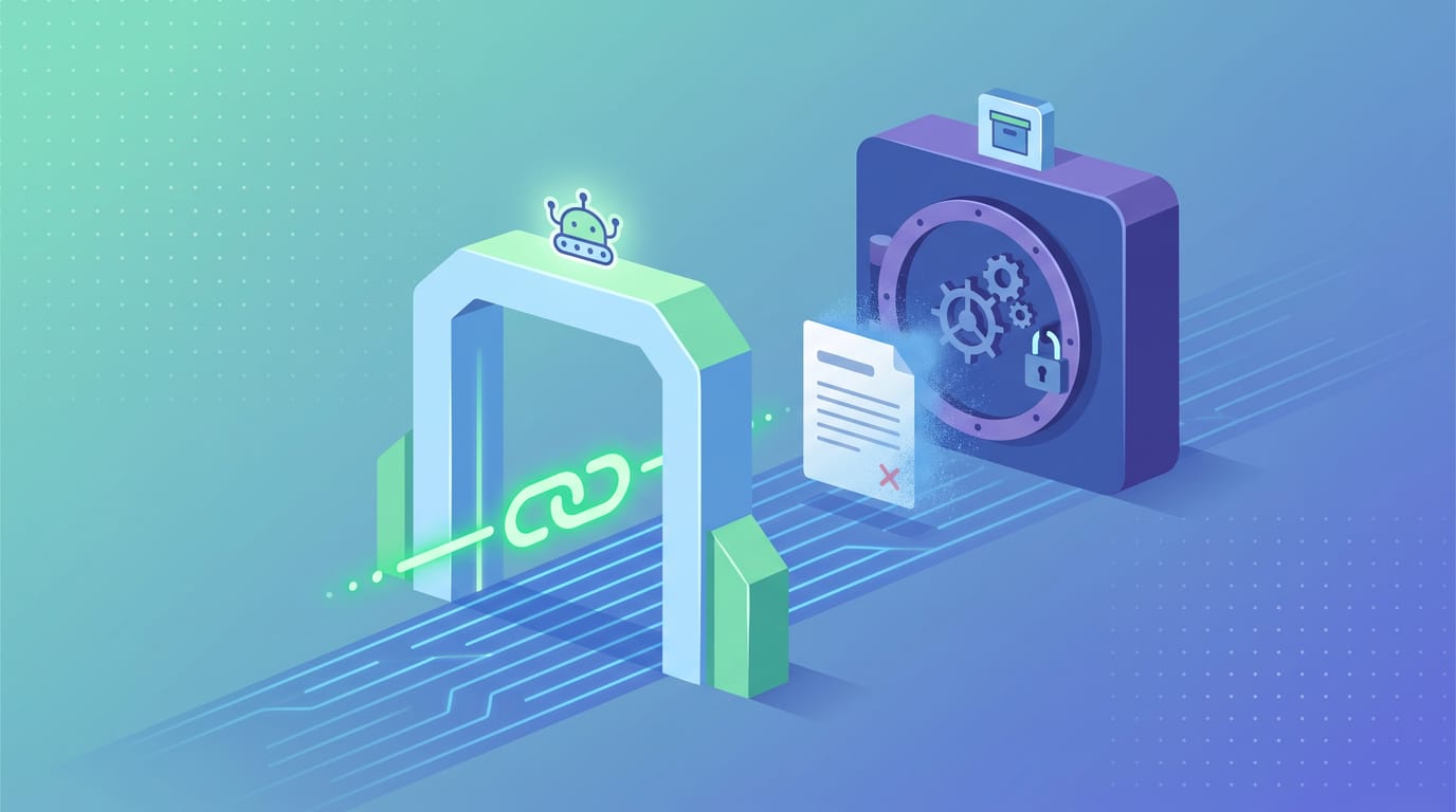 Crawling versus indexing: a link signal passing freely through an open crawl gate while the page itself falls away at a locked index vault behind it