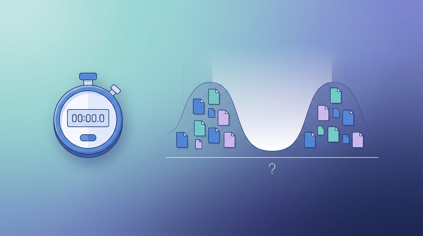 Backlink indexing time: a stopwatch beside a two-humped distribution of pages, one cluster indexed quickly and one stranded, over a blank unmeasured axis