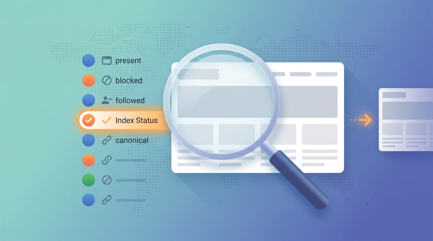 Checking a backlink: a magnifying glass over a third-party linking page beside a seven-point checklist in which index status is only one row