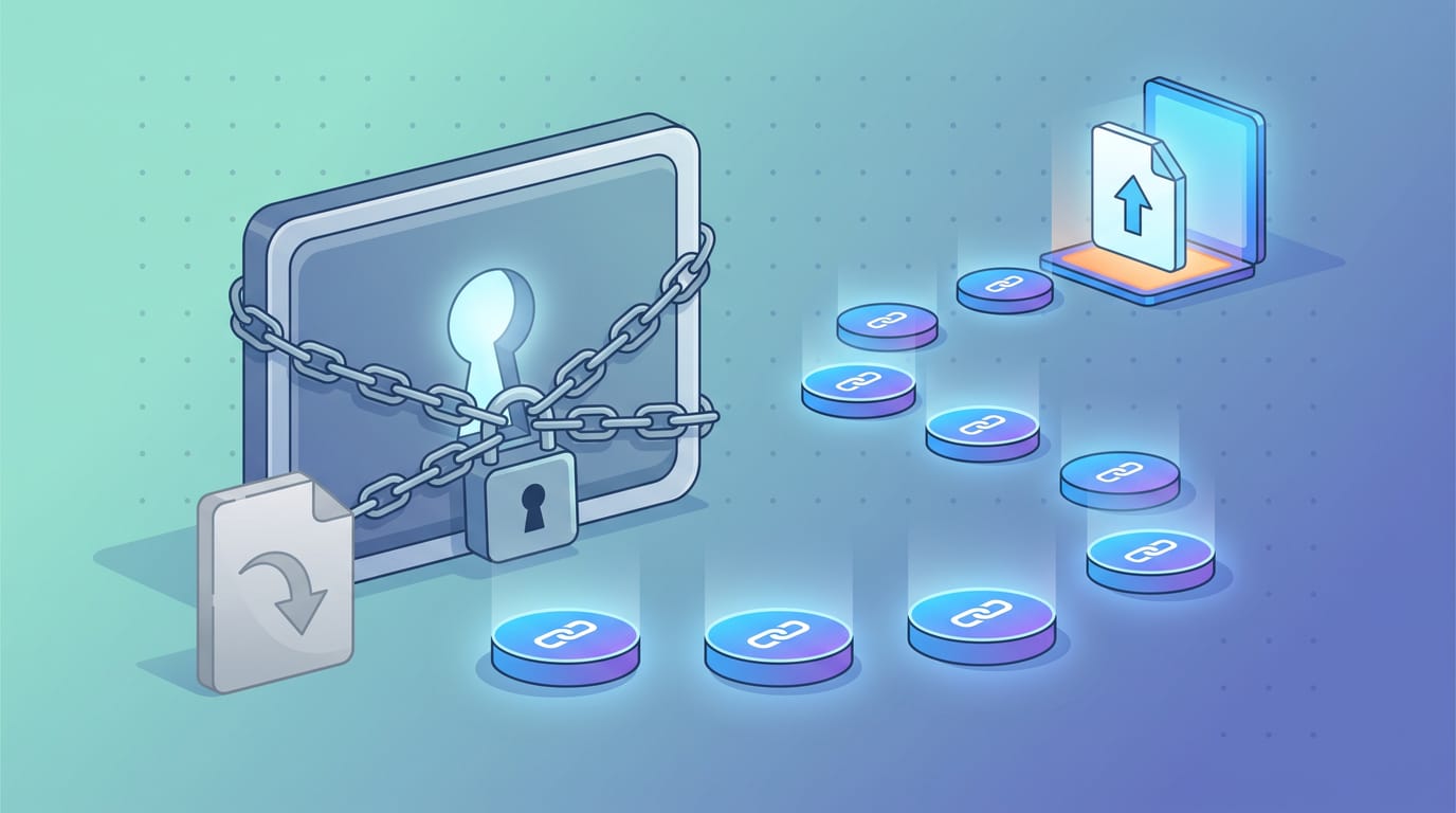 Indexing a backlink: a padlocked and chained submit panel turning a page away, with a path of chain-link stepping stones curving around it to reach the page instead