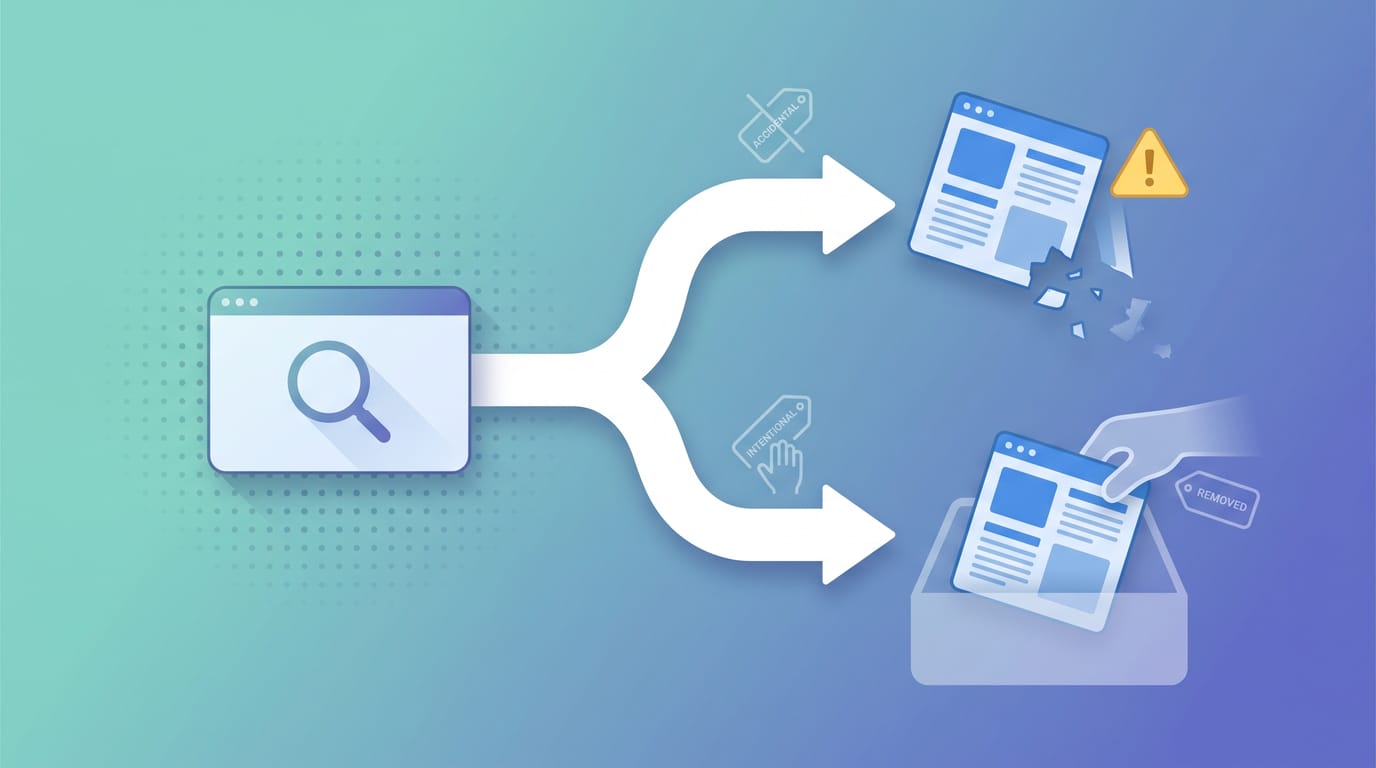 One word branching into two opposite paths, a page dropped by Google without warning and a page deliberately removed by its owner